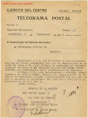 Militaria: (GUERRA CIVIL)DOCUMENTO EJERCITO DEL CENTRO