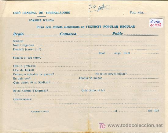 Militaria: (GC-478)FITXA DELS AFILIATS MOBILITZATS EN L&Eacute;XERCIT POPULAR REGULAR COMARCA D&acute;ANOIA