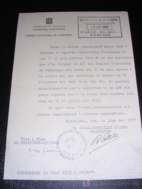 Militaria: GENERALITAT DE CATALINYA CONSELLERIA D'ECONOMIA 1937