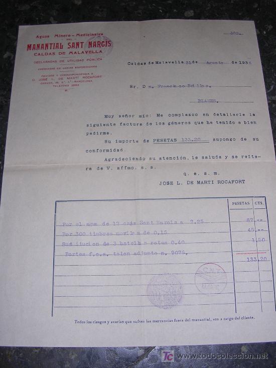 Militaria: FACTURA MANANTIAL SANT NARCIS 1936 TAMPONES DE C.N.T. -U.G.T.
