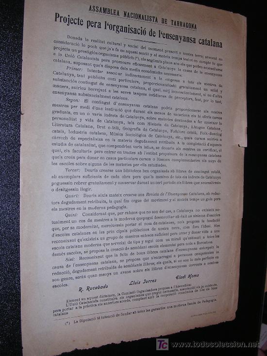 Militaria: FOLLETO ASSAMBLEA NACIONALISTA DE TARRAGONA, PROJECTE PER L'ORGANISACIO DE L'ENSENYANSA CATALANA