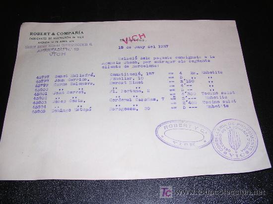 Militaria: FACTURA 1937, ROBERT & COMPA&Ntilde;IA , VICH, SELLO  DE LA DELEGACION  DE LA COMARCA DE VIC