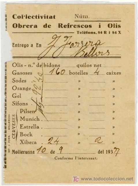 Militaria: (GUERRA CIVIL)VALE COL-LECTIVITAT OBRERA DE REFRESCOS i OLIS(MOLLERUSA)