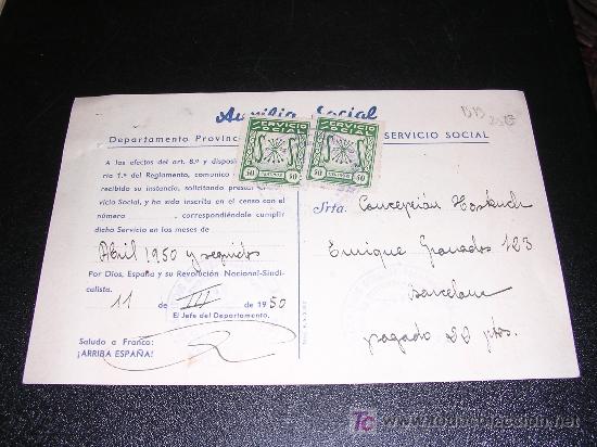 Militaria: AUXILIO SOCIAL, DEPARTAMENTO PROVINCIAL , SERVICIO SOCIAL 1950