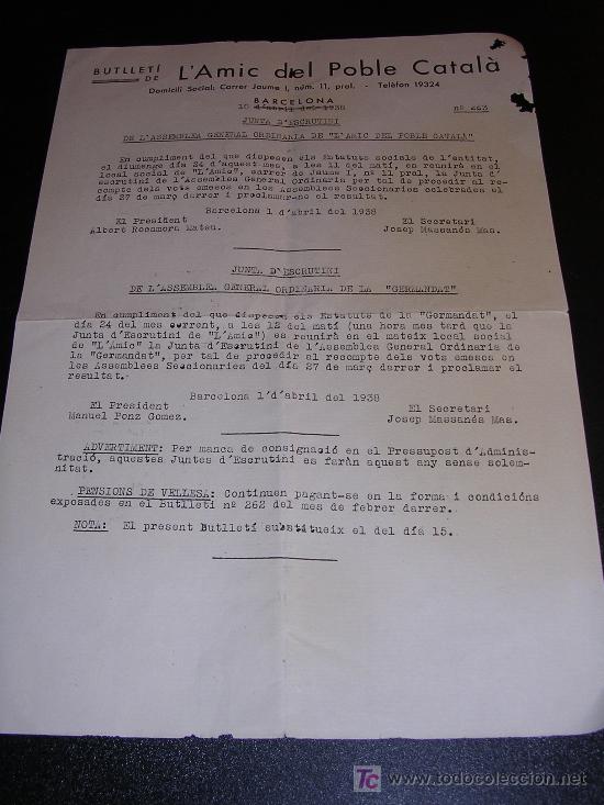 Militaria: FOLLETO BUTLLETI DE L'AMIC DEL POBLE CATALA, ABRIL DE 1938