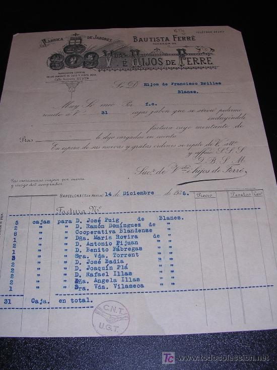 Militaria: FACTURA Vda. HIJOS DE FERRE, 1937, TAMPON DE LA C.N.T. - U.G.T.