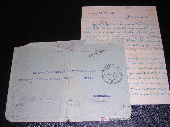 Militaria: CARTA COMPA&Ntilde;IA DE DEFENSA QUIMICA DEL C.E.URGEL 1938, BANDO NACIONAL