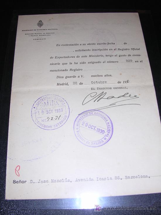 Militaria: CARTA MINISTERIO DE ECONOMIA NACIONAL, 1930, CON TAMPONES