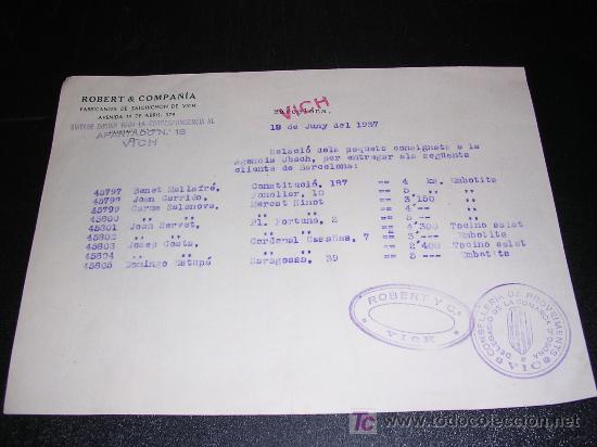 Militaria: FACTURA ROBERT & COMPA&Ntilde;IA, FABRICANTES DE SALCHICHON DE VICH, TAMPONES  1937