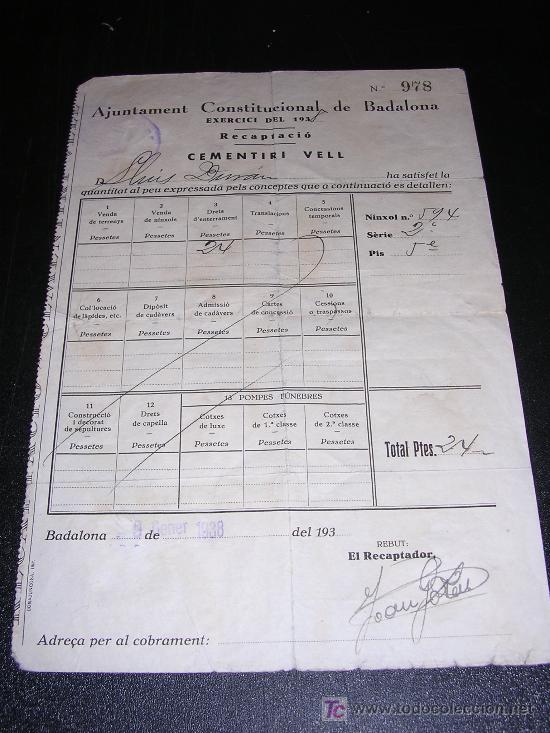 Militaria: AJUNTAMENT CONSTITUCIONAL DE BADALONA , CEMENTIRI VELL, BADALONA 9 DE GENER 1938