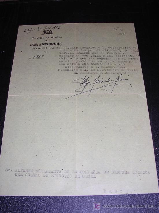 Militaria: COMISION LIQUIDADORA DEL BATALLON DE AMETRALLADORES N&ordm;7, PLASENCIA ( CACERES ) 1942