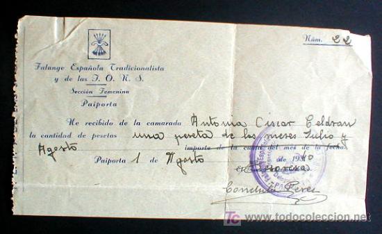 Militaria: RECIBO DE UNA PESETA. FALANGE ESPA&Ntilde;OLA 1940&iexcl;&iexcl; SECCION FEMENINA. PAIPORTA..ENVIO GRATIS&iexcl;&iexcl;