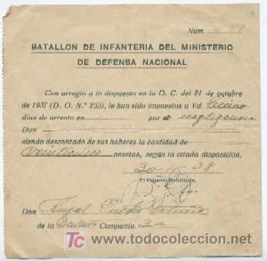 Militaria: Nota de arresto a un soldado del Batall&oacute;n de Infanter&iacute;a del Ministerio de Defensa Nacional. 1938.