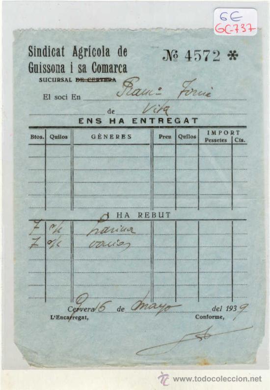 Militaria: (GC-737)RECIBO SINDICAT AGRICOLA DE GUISSONA I SA COMARCA