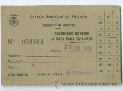 Militaria: Guerra Civil Esa&ntilde;ola. Vale de Racionamiento de leche. Consejo Municipal de Valencia 1938.