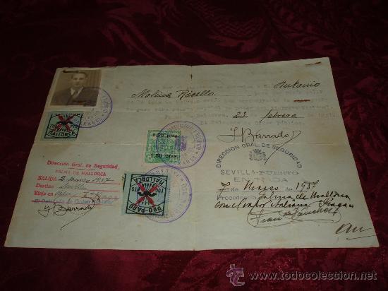 Militaria: autorizacion para poder salir de baleares 1937,diferentes vi&ntilde;etas ,tampones y firmas