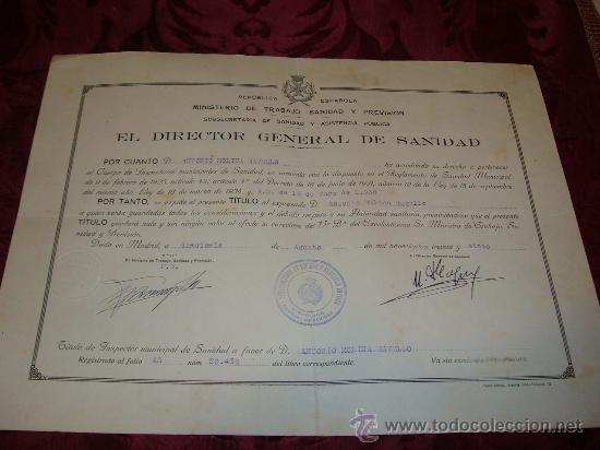 Militaria: titulo republica espa&ntilde;ola,ministerio de trabajo,sanidad y prevision,madrid 1935