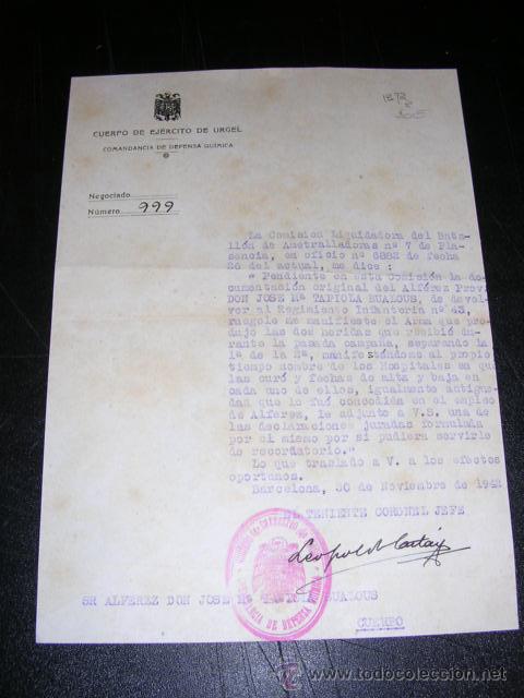 Militaria: CARTA DEL CUERPO DE EJERCITO DE URGEL, COMANDANCIA DE DEFENSA QUIMICA, POSTGUERRA 1942