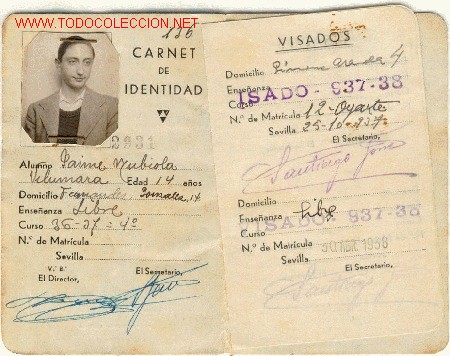 Militaria: CARNET DE ESTUDIANTE SEVILLA A&Ntilde;O 1938
