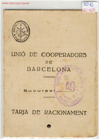 Military Antiques: TARJA RACIONAMENT UNIO DE COOPERADORS DE BARCELONA A&Ntilde;O 1938