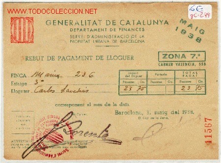 Military Antiques: (GC-249) REBUT DE PAGAMENT DE LLOGUER