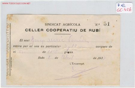 Militaria: (GC-406) CELLER COOPERATIU DE RUBI SINDICAT AGRICOLA-Guerra Civil