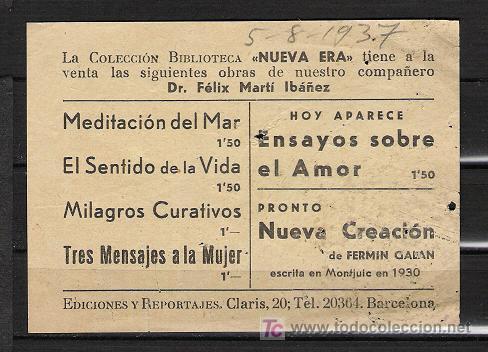 Militaria: L678 GUERRA CIVIL 5-8-37 Panfleto Publicitario de la Biblioteca NUEVA ERA  L678