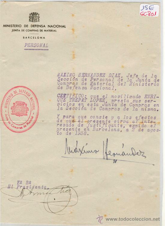 Militaria: (GC-801)DOCUMENTO MINISTERIO DE DEFENSA NACIONAL JUNTA DE COMPRAS-GUERRA CIVIL