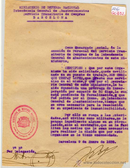 Militaria: (GC-802)DOCUMENTO MINISTERIO DE DEFENSA NACIONAL INT.GENERAL ABASTECIMIENTOS-GUERRA CIVIL