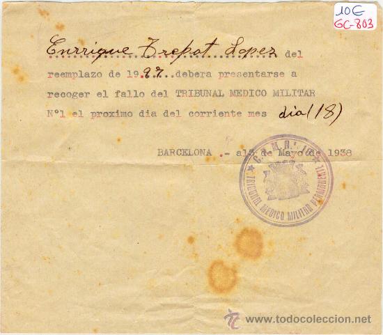 Military Antiques: (GC-803)DOCUMENTO TRIBUNAL MEDICO MILITAR-GUERRA CIVIL