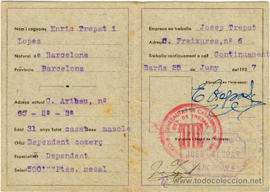 Militaria: (GC-804)CERTIFICAT DE TREBALL SELLO COMITE OBRERO C.N.T.-U.G.T.-GUERRA CIVIL