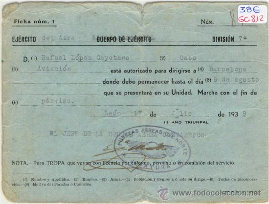 Militaria: (GC-812)PASE PARA SOLDADO DEL EJERCITO DEL AIRE-GUERRA CIVIL