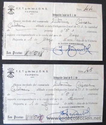 Military Antiques: RECIBOS DE FALANGE. - PAIPORTA - 1939 . ENVIO GRATIS&iexcl;&iexcl;&iexcl;