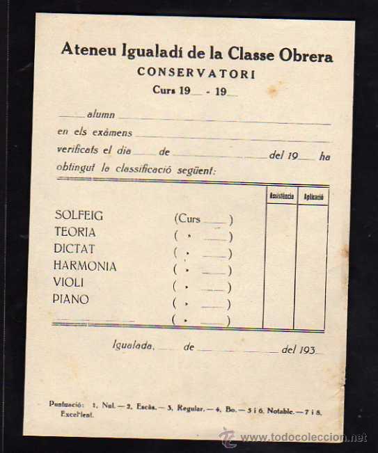 Military Antiques: IGUALADA 1937 - 38 , ATENEU IGUALADI DE LA CLASSE OBRERA, CONSERVATORI