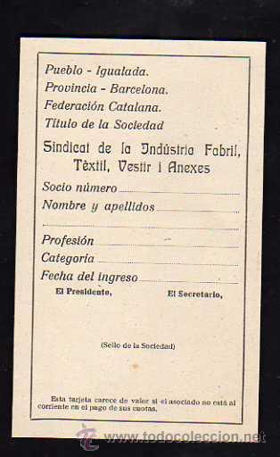 Militaria: IGUALADA 1937 - 38 , SINDICAT DE LA INDUSTRIA FABRIL, TEXTIL, VESTIR I ANEXES, NUMERO DE SOCIO