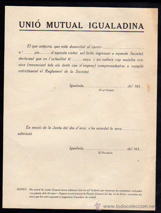 Militaria: IGUALADA 1937-38 , UNIO MUTUAL IGUALADINA, PAPEL DE INGRESO