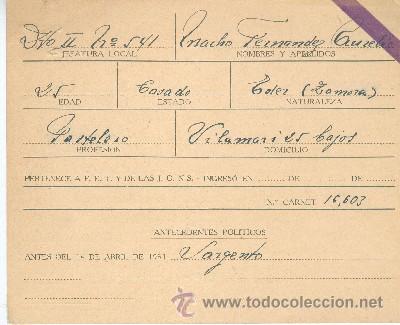 Military Antiques: Ficha de inscripci&oacute;n a FET y de las JONS. Zamora