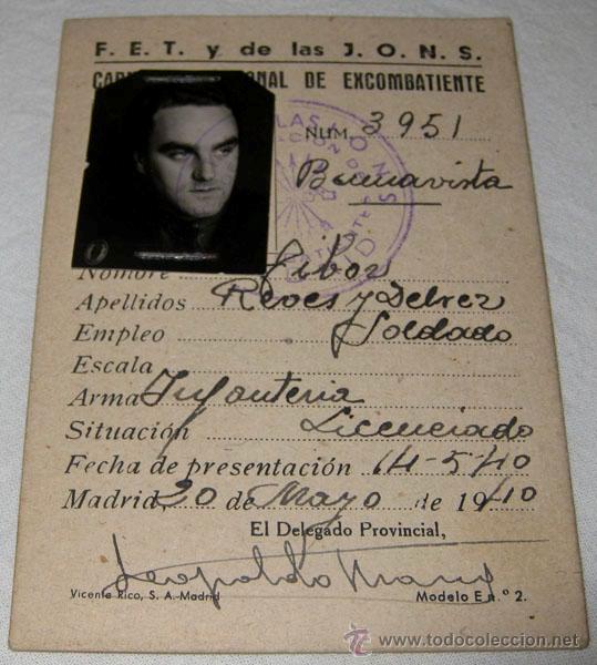 Militaria: ANTIGUO Y RARISIMO CARNET PROVISIONAL DE EXCOMBATIENTE DE LA GUERRA CIVIL ESPA&Ntilde;OLA - FET Y DE LAS JO