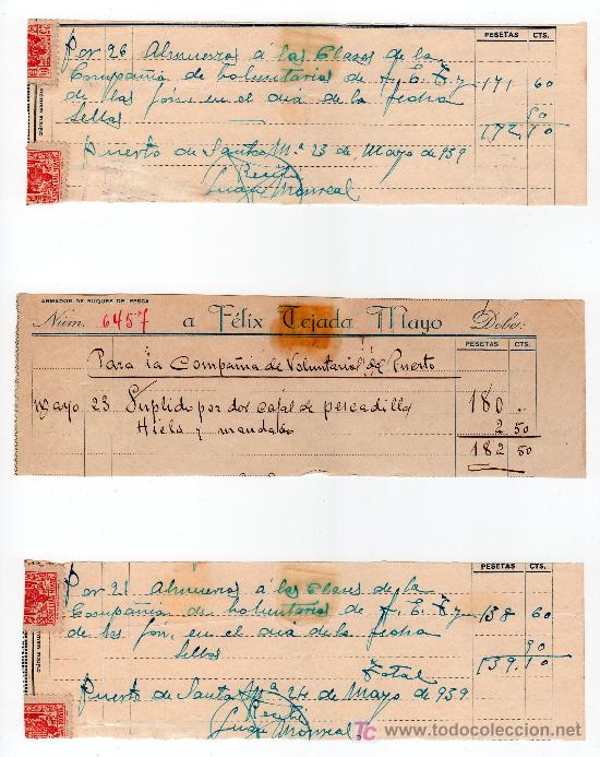Militaria: TRES FACTURAS DE COMIDA PARA LOS VOLUNTARIOS DEL PUERTO SE SANTA MARIA. 23 Y 24 DE MAYO 1939