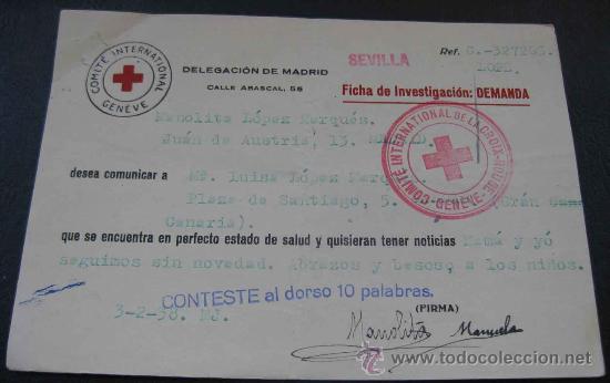 Militaria: ANTIGUA TARJETA DE LA CRUZ ROJA DURANTE LA GUERRA CIVIL, CON LA QUE SE COMUNICABAN FAMILIAS QUE SE E