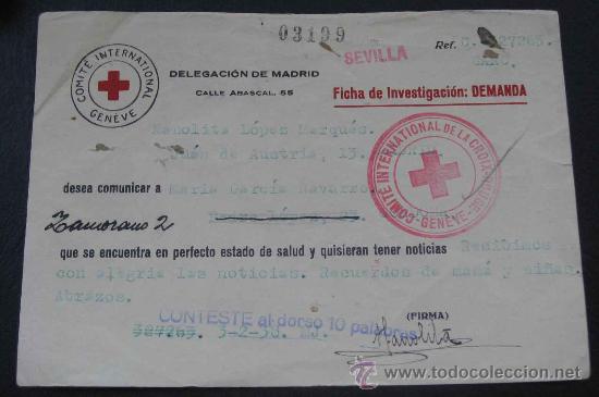 Militaria: ANTIGUA TARJETA DE LA CRUZ ROJA DURANTE LA GUERRA CIVIL, CON LA QUE SE COMUNICABAN FAMILIAS QUE SE E