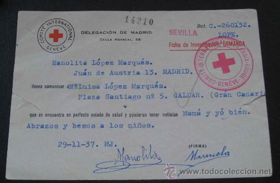 Militaria: ANTIGUA TARJETA DE LA CRUZ ROJA DURANTE LA GUERRA CIVIL, CON LA QUE SE COMUNICABAN FAMILIAS QUE SE E