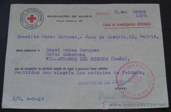 Militaria: ANTIGUA TARJETA DE LA CRUZ ROJA DURANTE LA GUERRA CIVIL, CON LA QUE SE COMUNICABAN FAMILIAS QUE SE E