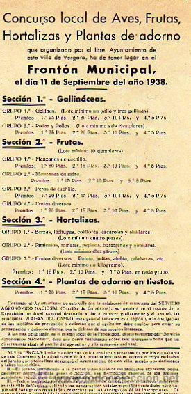 Militaria: Cartelito del concurso loca de aves, frutas en el Fronton municipal de Vergara 1938.