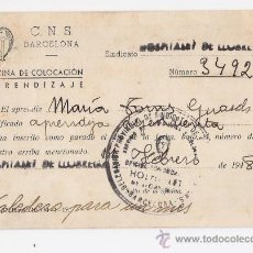 Militaria: C.N.S. BARCELONA -OFICINA DE COLOCACION APRENDIZAJE- CARNET DE PARO -AÑO 1948. Lote 14726354