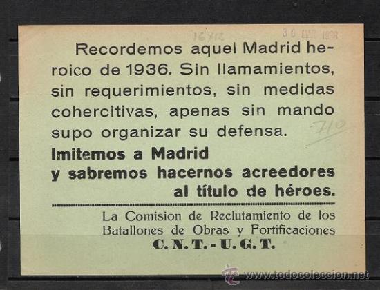 Militaria: L35-41 Guerra Civil OCTAVILLA Esparcida el 30-3-1938 por la C.N.T.-U.G.T. COMISION RECLUTAMIENTO BA