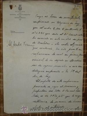 Militaria: 1936 GUERRA CIVIL  OFICIO DEL ALCALDE DE MONDO&Ntilde;EDO SOBRE INCIDENCIAS CONVOY