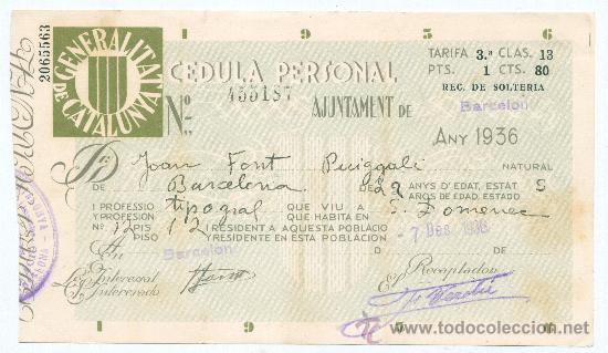 Militaria: C&eacute;dula personal. Generalitat de Catalunya 1936.