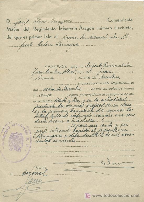 Military Antiques: Certificado de buen servicio de un Sargento Provisional del Regimiento de Infanter&iacute;a Arag&oacute;n.