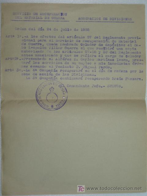 Militaria: Documento Servicio de Recuperaci&oacute;n Material Guerra Civil Espa&ntilde;ola